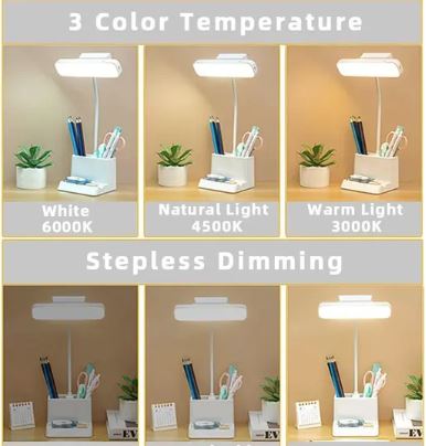 3 Color Mode LED Study/Table/Desk Lamp with Pen & Phone Holder, Rechargeable Touch On/Off Lamp for Studying